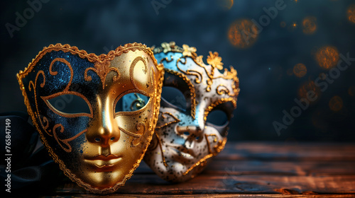 Two metallic gold masquerade masks on black stage background 