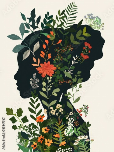 A womans head is encircled by vibrant flowers and green leaves, creating a natural crown of botanical beauty