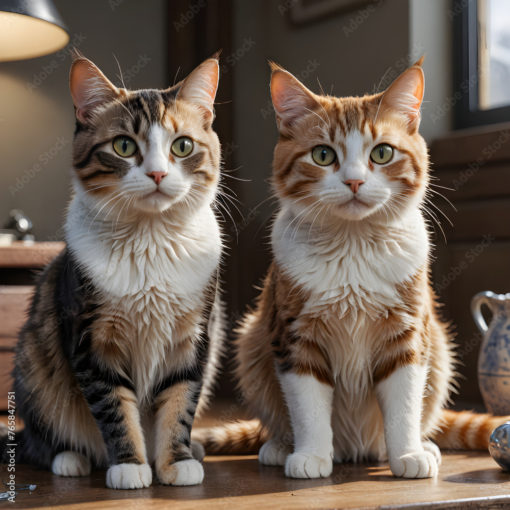 Two cats sitting on the floor and looking at the camera in a room