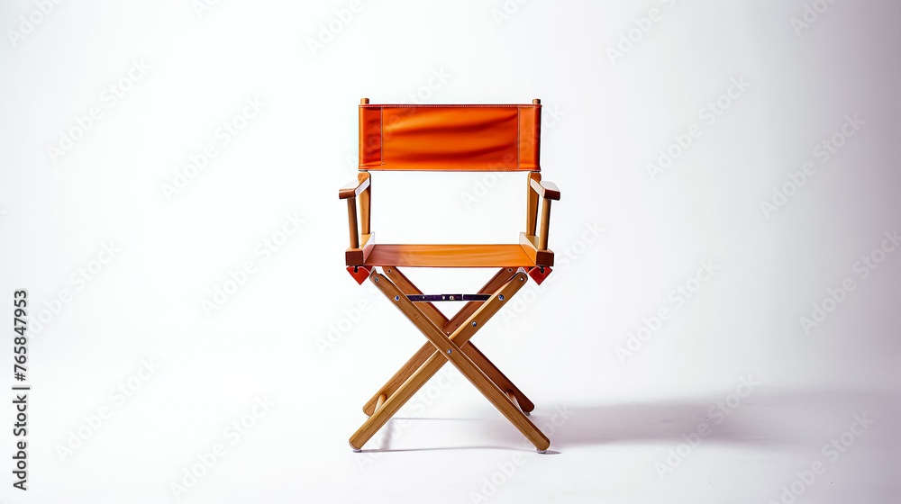 Fototapeta premium A wooden chair with a brown leather seat and back. The chair is empty and sitting on a white background