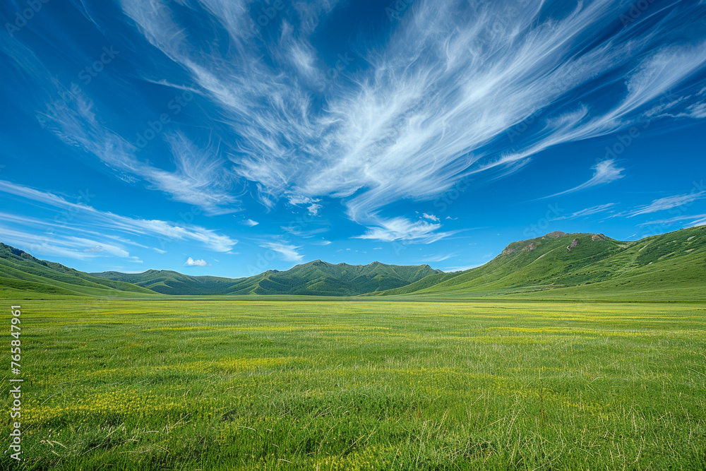 Sweeping meadow with vibrant green grass leading to layered hills under a bright blue sky with wispy clouds.