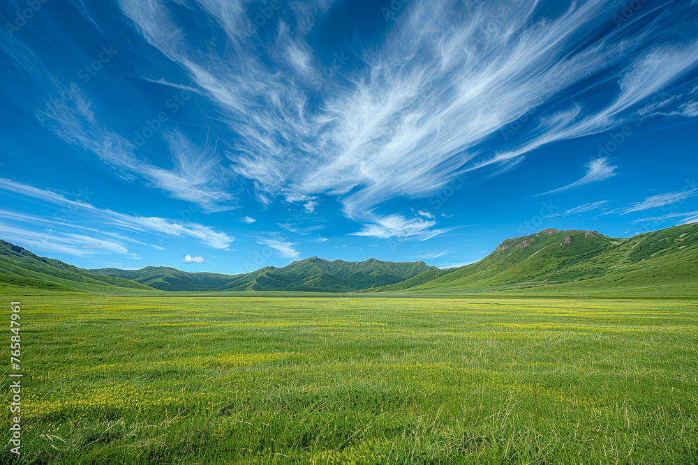 Sweeping meadow with vibrant green grass leading to layered hills under a bright blue sky with wispy clouds. Sweeping meadow with vibrant green grass leading to layered hills under a bright blue sky with wispy clouds.