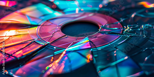 An array of broken CDs reflecting vibrant, iridescent colors, showcasing a beautiful play of light on shattered surfaces