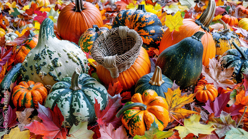 Abundance of Autumn Delights  Pumpkins  Gourds  Cornucopias  and Fall Foliage