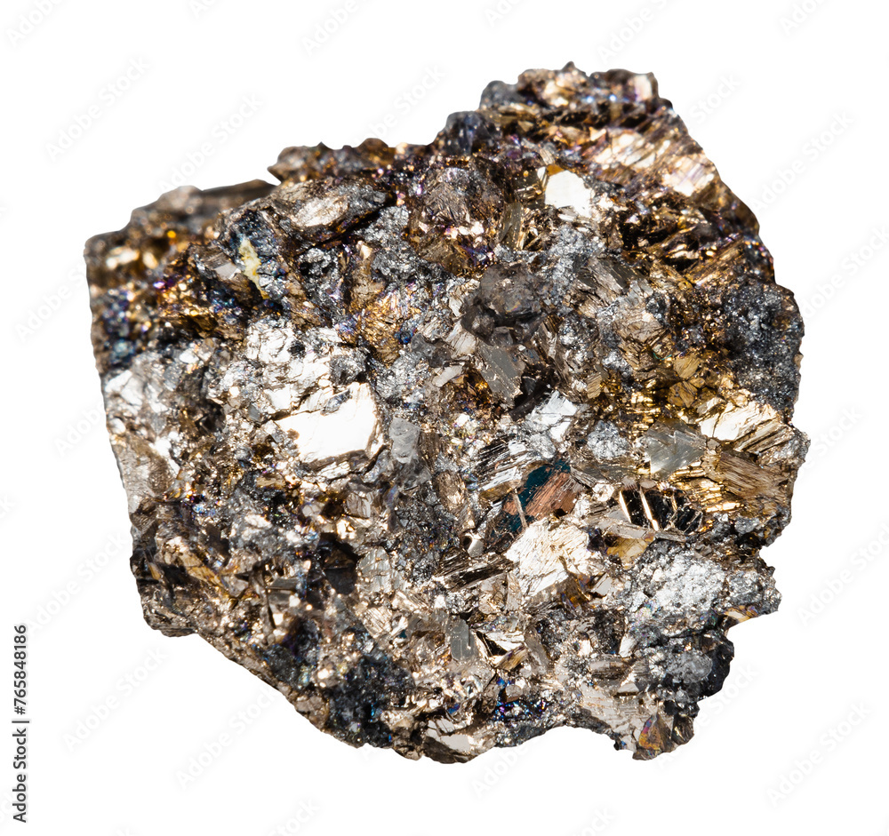 close up of sample of natural stone from geological collection - raw native bismuth ore isolated on white background from Hartenstein, Germany close up of sample of natural stone from geological collection - raw native bismuth ore isolated on white background from Hartenstein, Germany