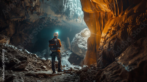 A speleologist explores a large cave, illuminated by a headlamp, and the rugged cave formations around it. photo