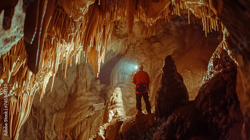 A speleologist explores a large cave, illuminated by a headlamp, and the rugged cave formations around it. photo