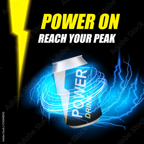 Energy and Power Drink Social Media Ad Banner. Boost Energy Drink Can Vector Illustration. Flash of Lightning and Thunderstorms with Glowing Lines and a Light Ellipse of the Drink. Vector.
