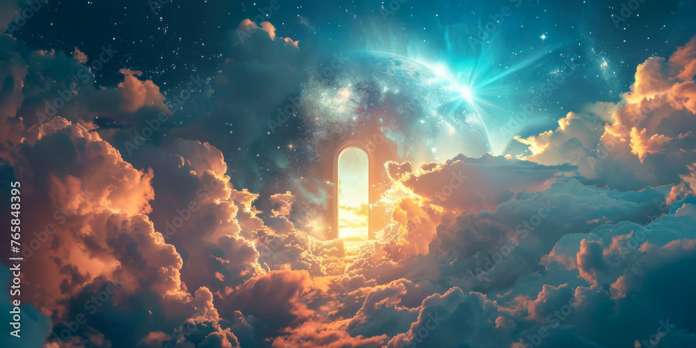 This image captures a surreal scene of a doorway floating amidst fluffy clouds in the sky, creating a mysterious and enchanting sight - obrazy, fototapety, plakaty 