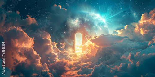 This image captures a surreal scene of a doorway floating amidst fluffy clouds in the sky, creating a mysterious and enchanting sight photo