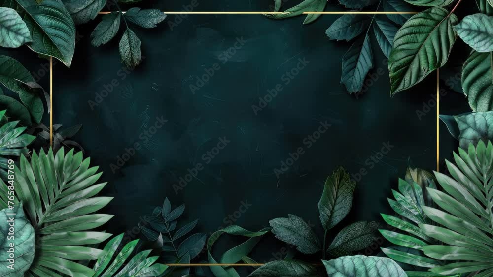 Enchanting seamless looping footage showcasing the graceful dance of forest plant leaves against a dark green backdrop bordered with shimmering gold.
