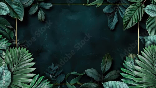 Enchanting seamless looping footage showcasing the graceful dance of forest plant leaves against a dark green backdrop bordered with shimmering gold. photo
