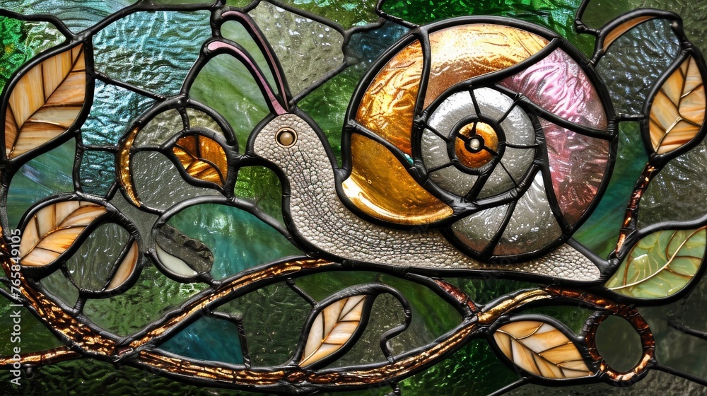 Artistic stained glass snail with vibrant colors, set against a leafy background, showcasing craftsmanship and beauty.