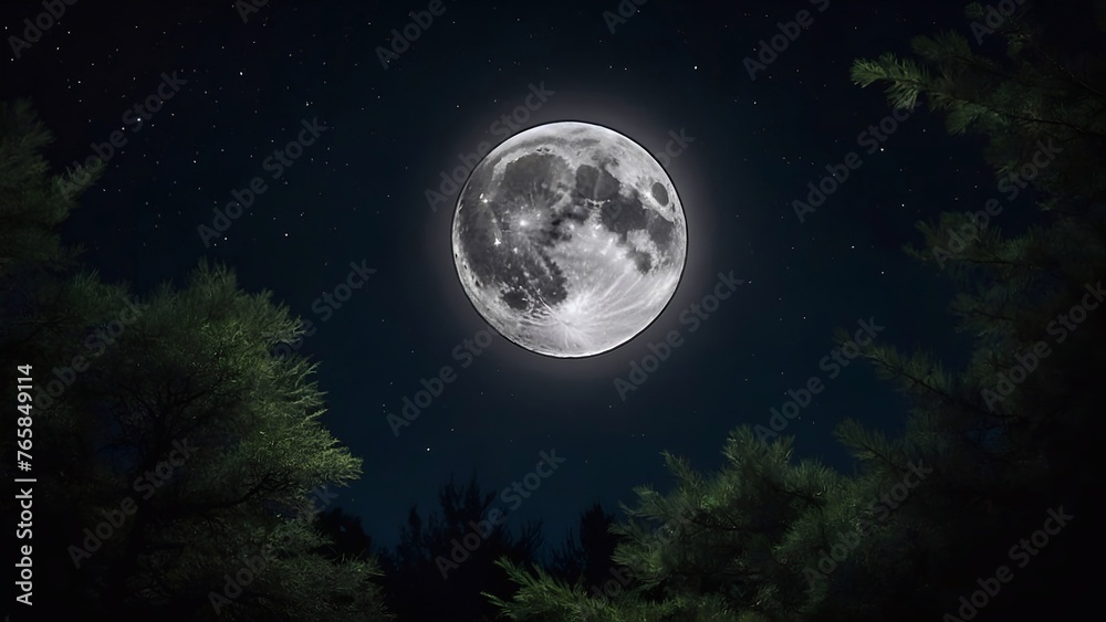 full moon in the night over the green forest 