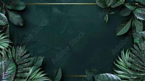 Exquisite seamless looping animation featuring elegant forest plant leaves against a dark green background bordered with gold.