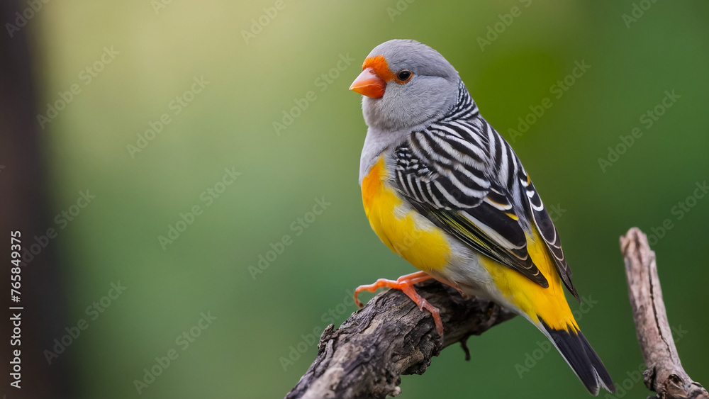Naklejka premium Male evening grosbeak (Coccothraustes vespertinus) posing on a branch.