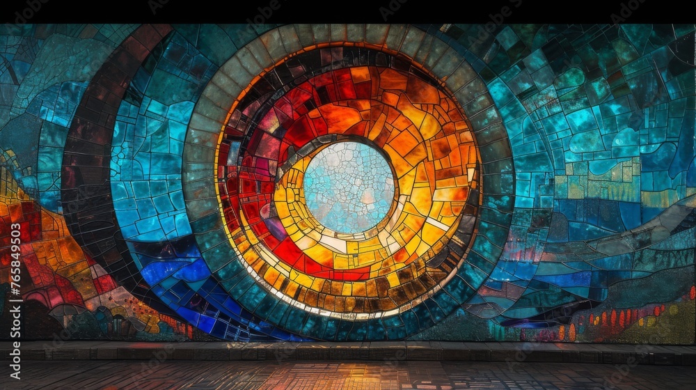 Abstract stained glass mosaic with a spiraling design, blending warm and cool tones, displayed as contemporary wall art.