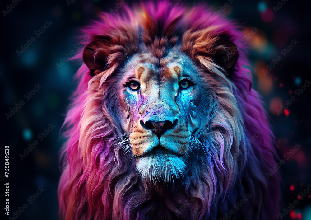 A majestic lion in purple, pink and blue with a vibrant coat and colourful bokeh lights in the background.His eyes are piercing with a surreal and powerful mood.AI generated.