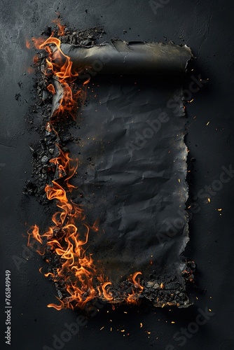 Scorched scroll or piece of paper, with remnants of ashes and burned edges, symbolizing the fragility of information and the destructive potential of fire.