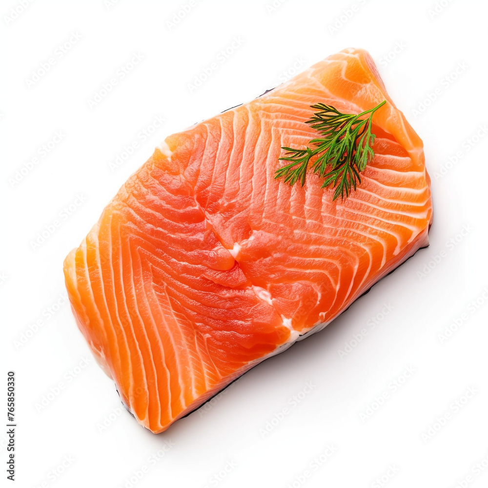 only piece of salmon, top view, white background сreated with Generative Ai only piece of salmon, top view, white background сreated with Generative Ai