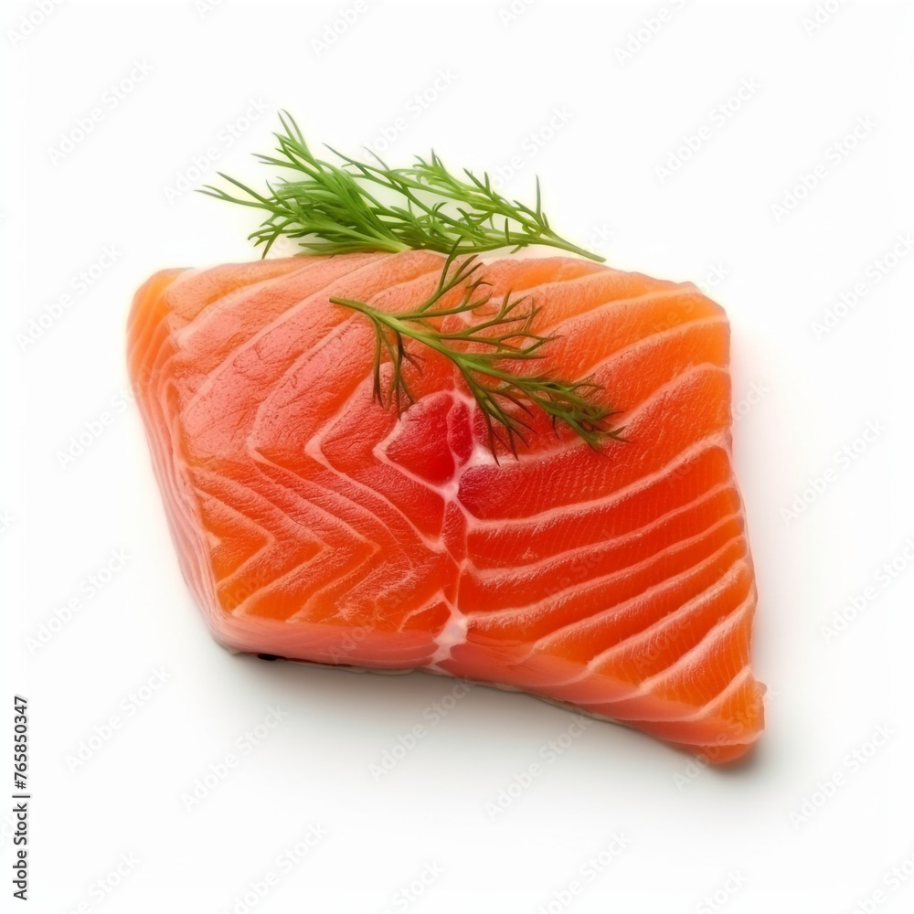 only piece of salmon, top view, white background сreated with Generative Ai only piece of salmon, top view, white background сreated with Generative Ai
