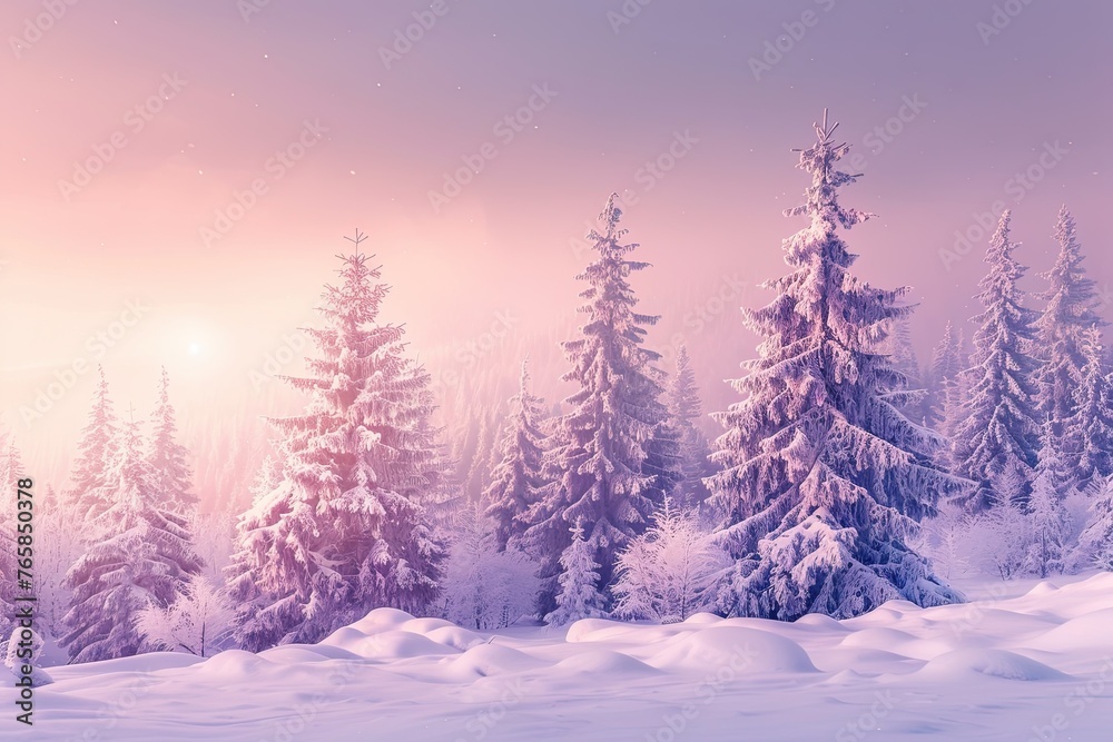 Naklejka premium Idyllic winter landscape with snowcapped trees at sunrise
