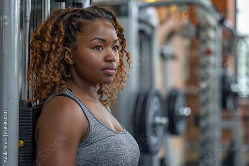 Black African American woman in sportwear doing sport exercises at gym fitness with sweaty face. Sports training equipment workout