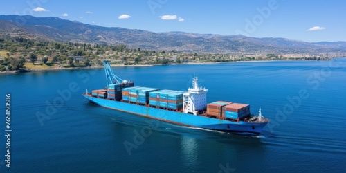 Large container ship sailing across vast body of water