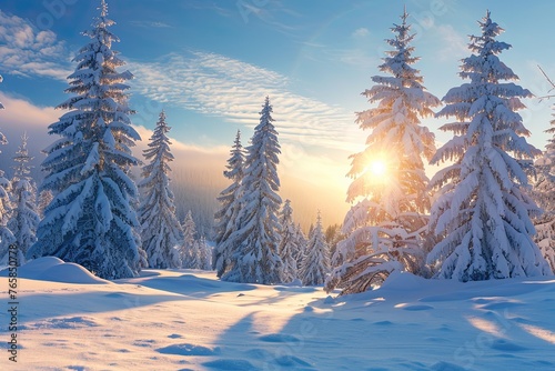 Idyllic winter landscape with snowcapped trees at sunrise