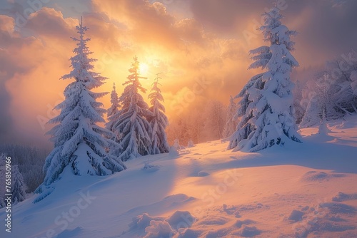 Idyllic winter landscape with snowcapped trees at sunrise © Barra Fire