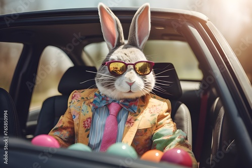 Playful Bunny in Car Sharing Colored Easter Egg Magic