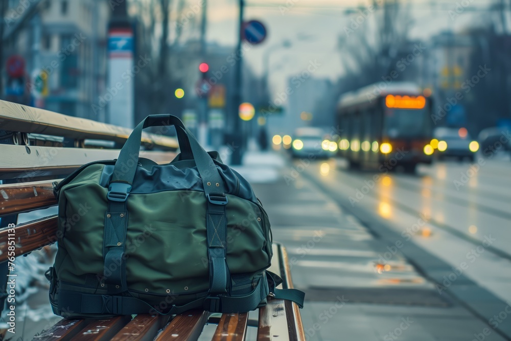 Fototapeta premium Large suspicious bag left unattended at a bus station, concept of terrorism, potential terrorist attacks, and caution regarding unattended items. Buses and commuters in background