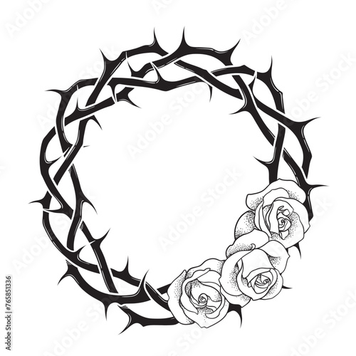 Crown of thorns wreath with roses hand drawn isolated vector illustration flash tattoo or print design