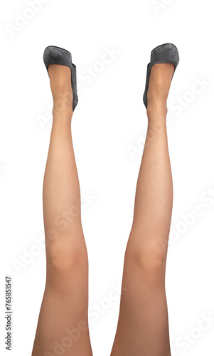 Female legs raised up, funny pose, position, wearing gray heeled shoes isolated on white, transparent png