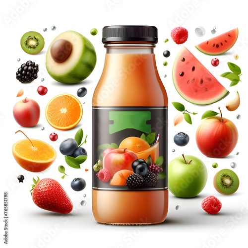 Fruite Juice Bottle on Whitew Background with Fruits photo