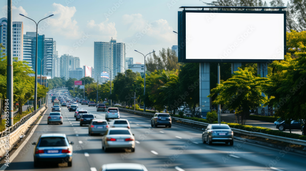 Empty Billboard During Daytime on Busy Road Business Traffic, Generative AI