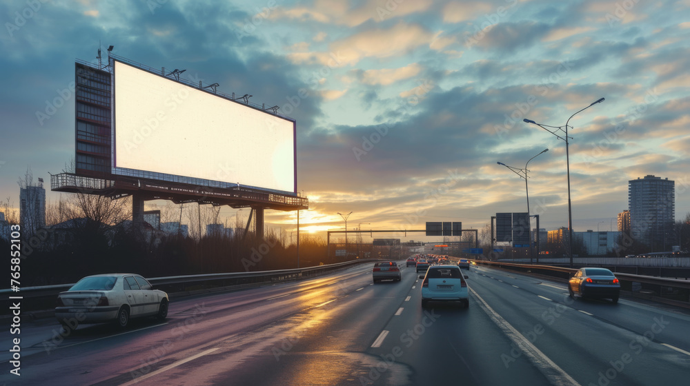 Empty Billboard During Daytime on Busy Road Business Traffic, Generative AI
