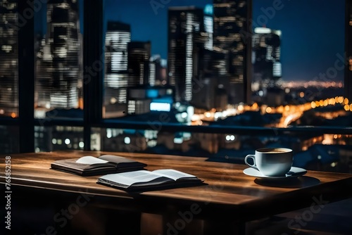 cup of coffee near window with night city view