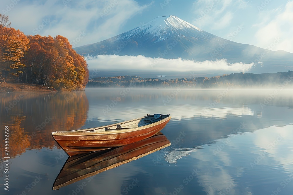 Fisherman Boat with Fuji Moutnain bacgkround in Morning Mist Autumn, Kawaguchikok Lake