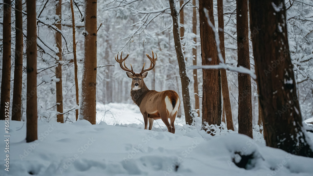 Noble deer male in winter snow forest. Noble deer male in winter snow forest.