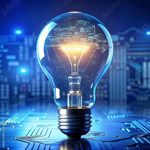 Circuit board and light bulb on blue background. AI generated