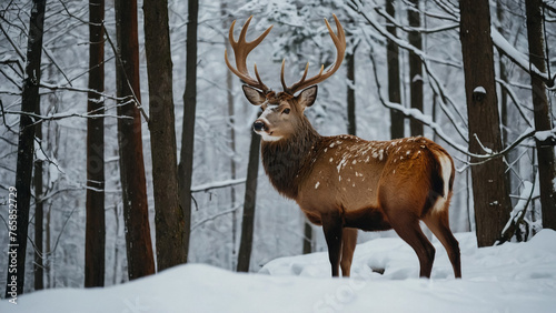 Noble deer male in winter snow forest.