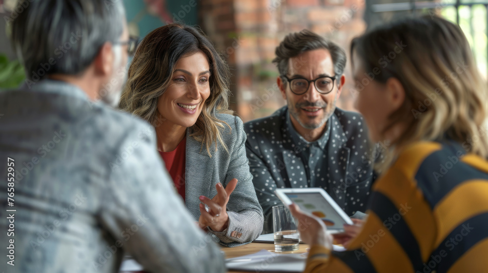 Colleagues engage in a discussion in a corporate setting with a focus on teamwork and communication.