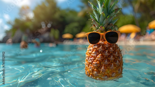 Pineapple in sunglasses floating in a pool on a sunny summer day. The concept of summer vacation, travel, vacation, relaxation. Generative AI