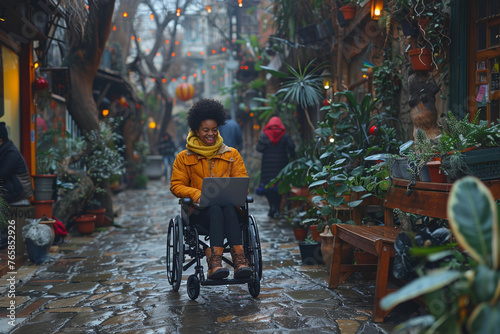 happy smiling young african American woman at wheelchair sitting in street sidewalk cafe with green plants works on laptop have videochat laughing, AI