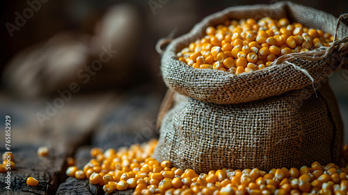 Corn in burlap bags on a wooden surface. Maize grains. Harvest and agricultural concept. Bokeah background. Food industry. Generative AI.	