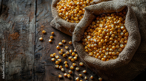 Corn in burlap bags on a wooden surface top view. Maize grains. Harvest and agricultural concept. Food industry. Generative AI.	
