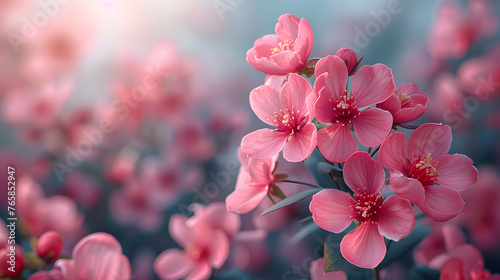 Pink spring floral banner for 8 march, mother's day with bokeh copy space for text. Floral background with soft selective focus. Generative AI.	