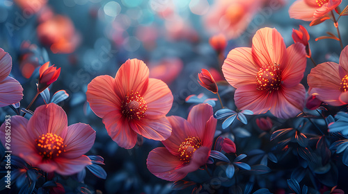 Neon spring floral banner. Floral background with fantastic shining flowers at night. Generative AI.	