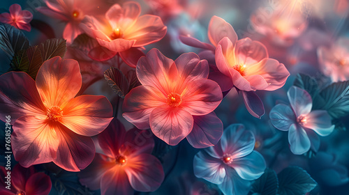 Neon spring floral banner. Floral background with fantastic shining flowers at night. Generative AI.	